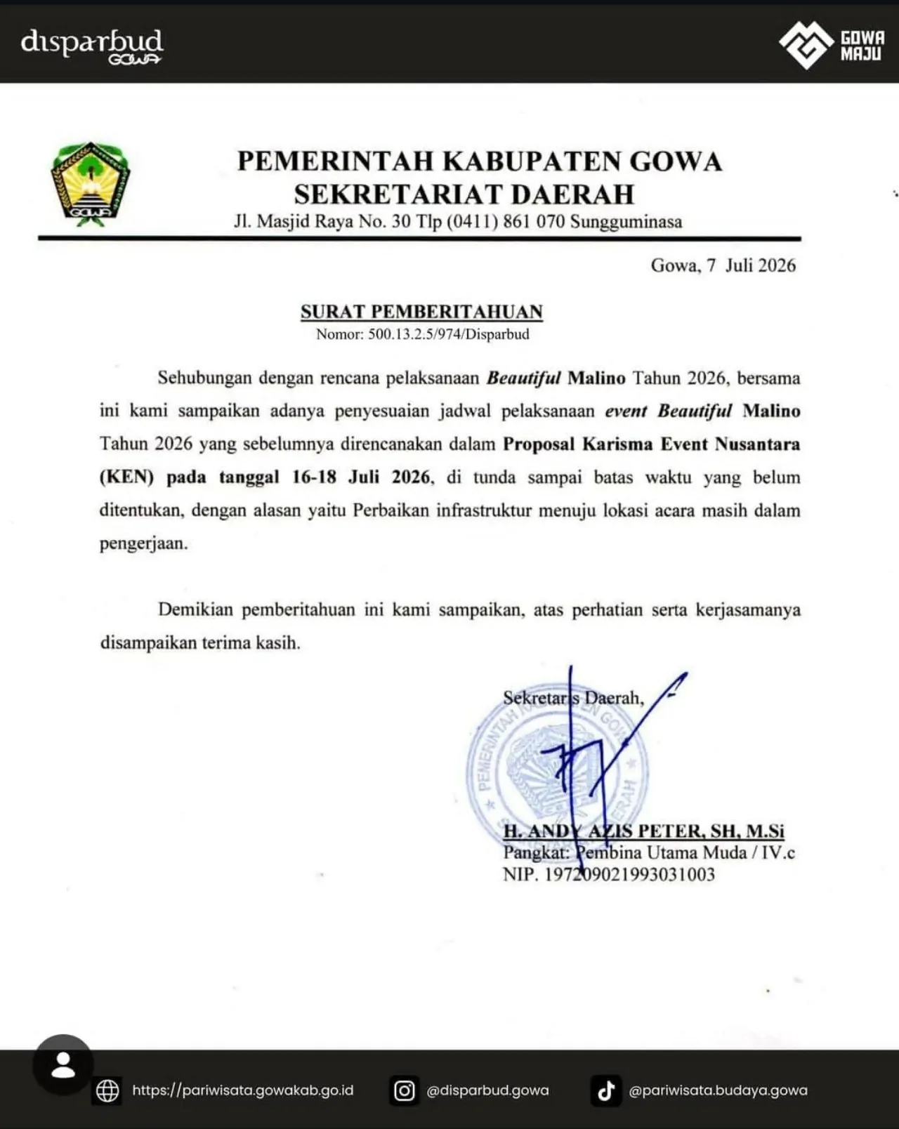 Pemkab Gowa Tunda Beautiful Malino 2026 hingga Waktu Belum Ditentukan