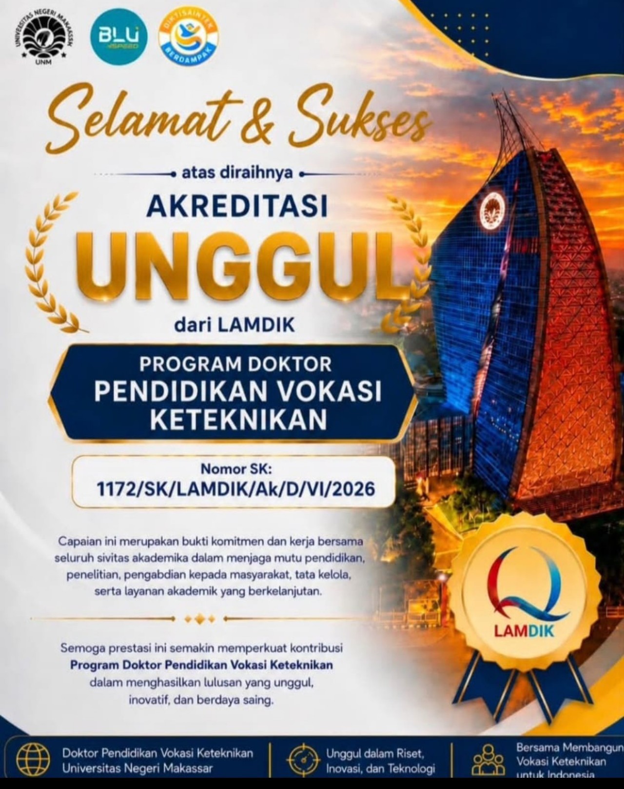 Program Doktor Pendidikan Vokasi Keteknikan UNM Raih Akreditasi Unggul dari LAMDIK