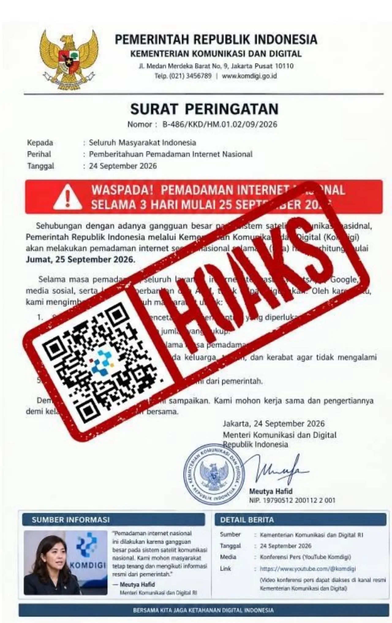 Hoaks Pemadaman Internet Nasional 25-27 September, Komdigi Telusuri Penyebar Surat Palsu